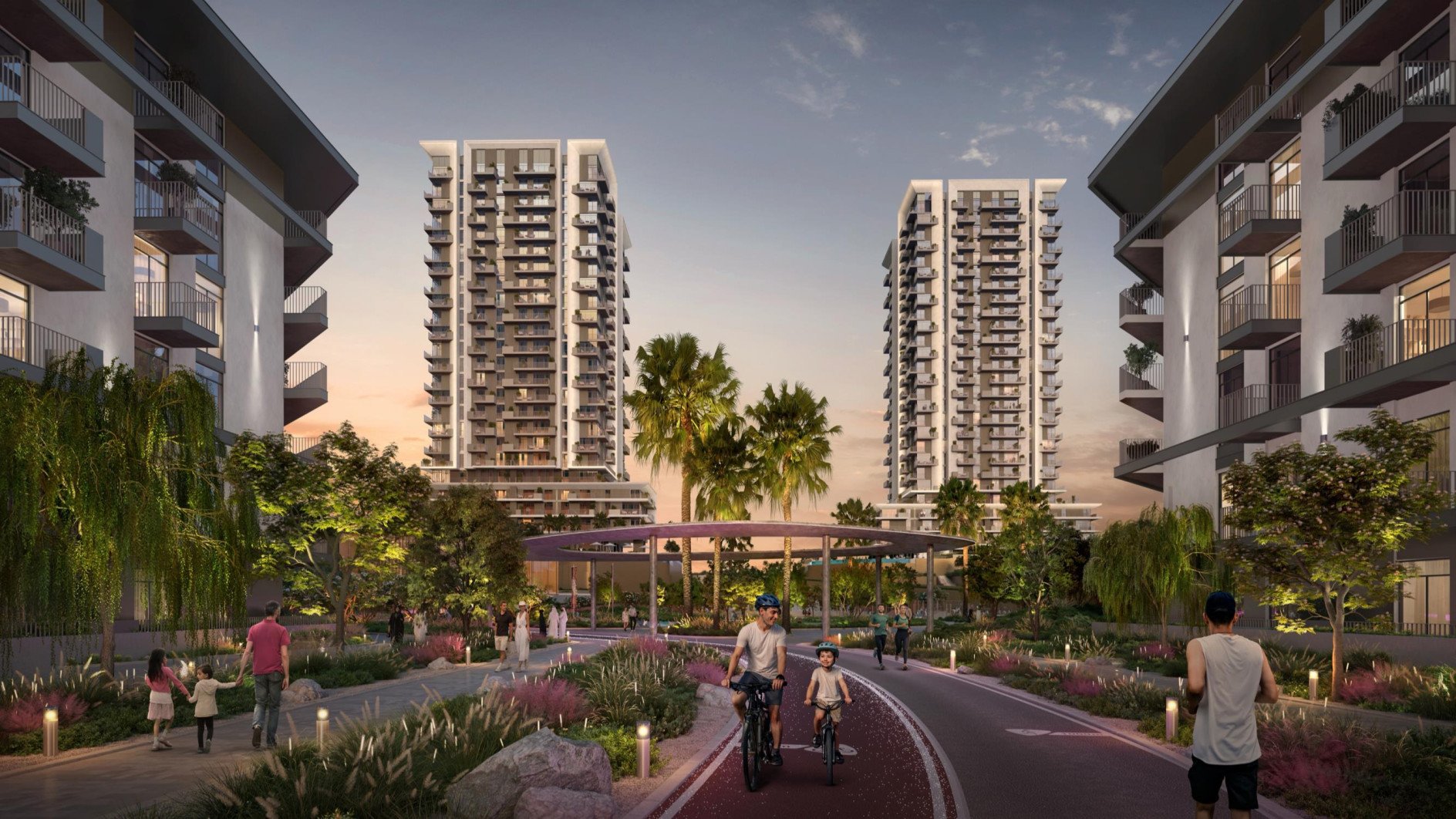 Modern building exterior of Rise by Athlon Dubailand Dubai highlighting podium deck connections and vertical gardens