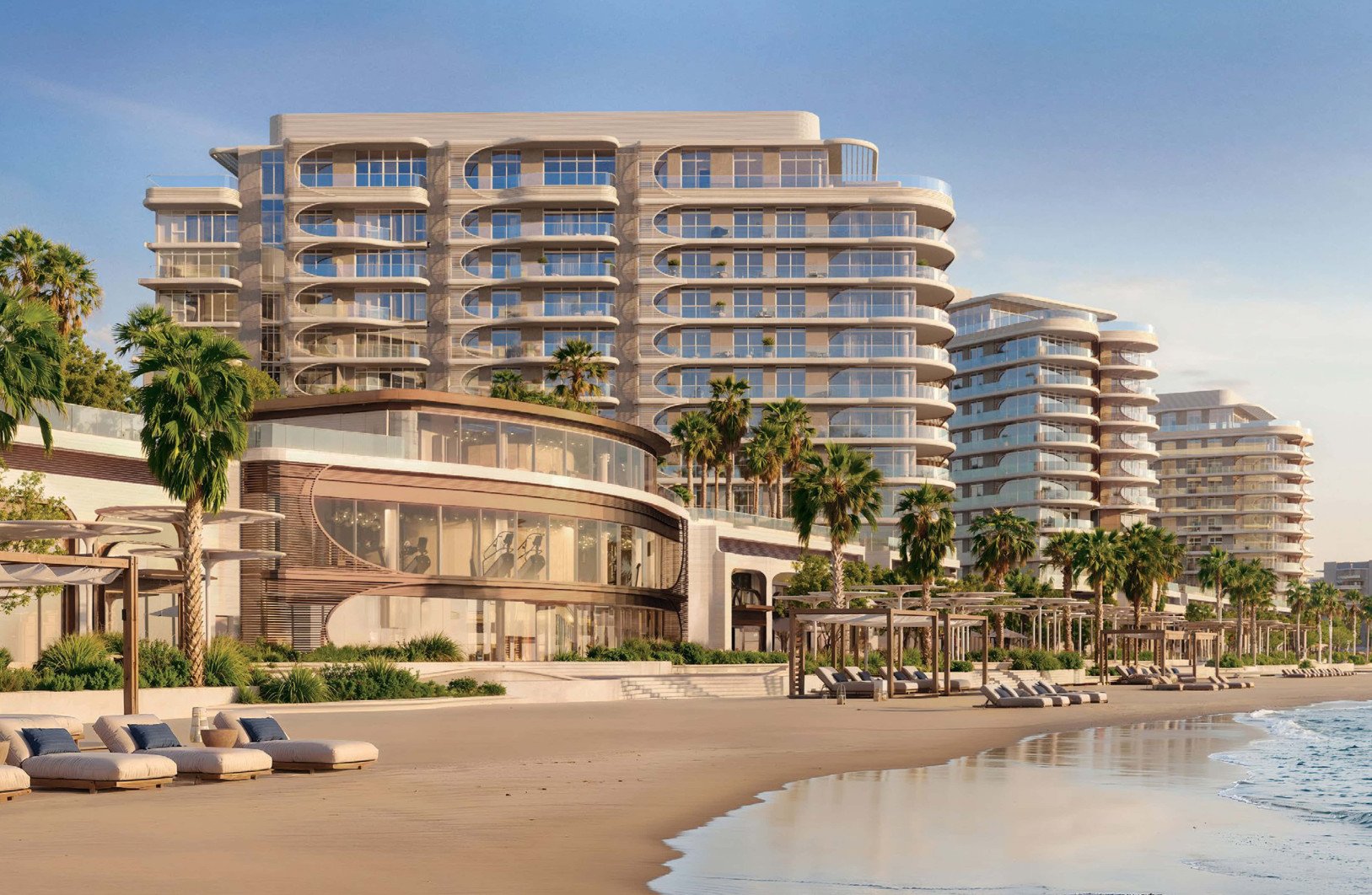 Iconic architecture of Fahid Beach Terraces Abu Dhabi residential towers, overlooking the Arabian Gulf with premium lifestyle amenities nearby.