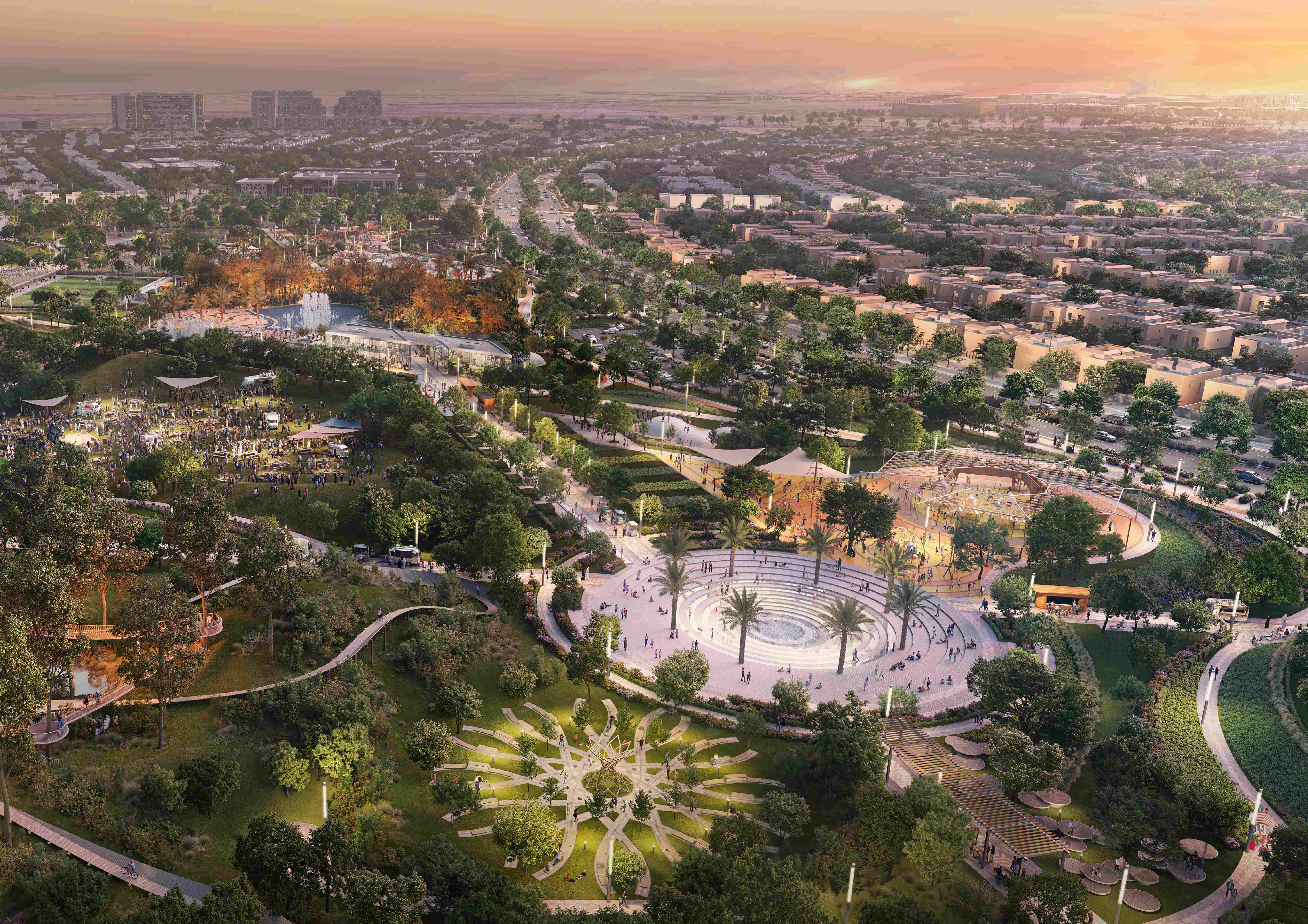 Yas Park Views villa exteriors with Mediterranean architecture and landscaped front gardens on Yas Island, Abu Dhabi