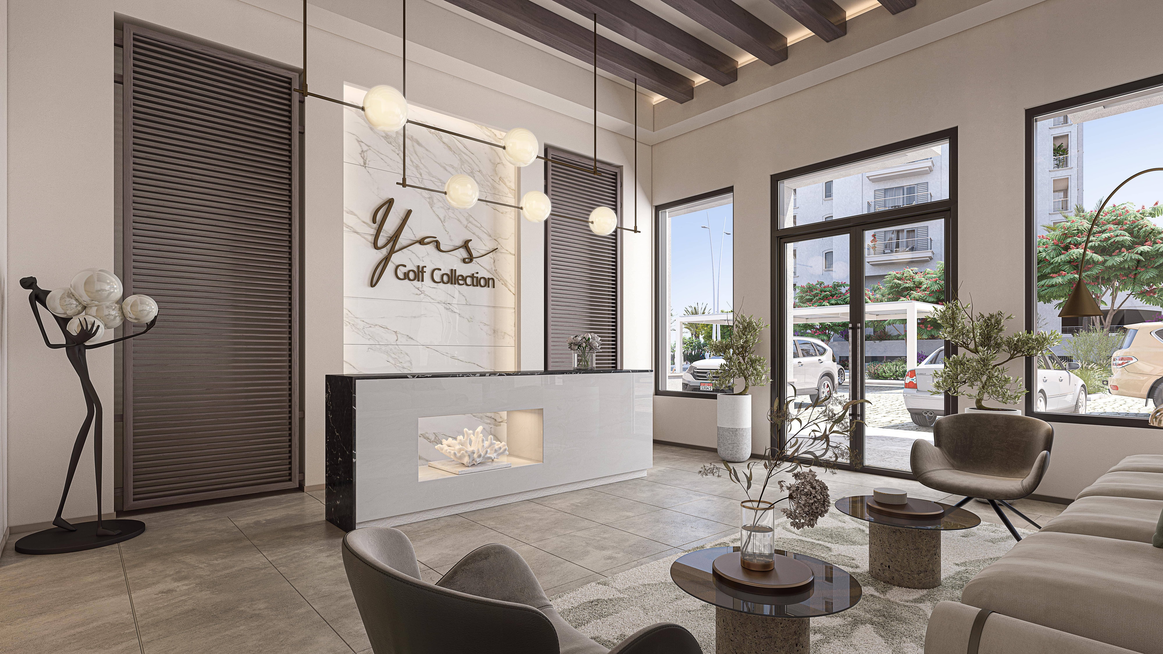 Two-bedroom apartment at Yas Golf Collection, Yas Island — master and second bedroom, maid’s room, multiple bathrooms, large living space and balcony with golf or garden view.